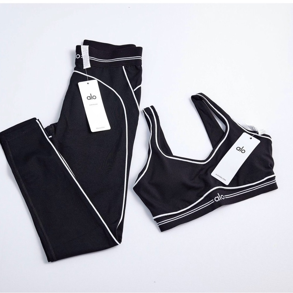 ALO Yoga Black Leggings & Sports Bra Set with White Piping
